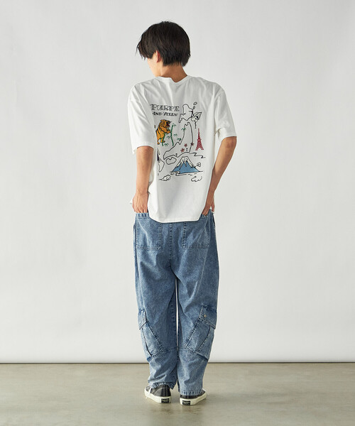 Purple&Yellow(パープルアンドイエロー)の「デニムバレルレッグカーゴパンツ(デニムパンツ・メンズ・ケミカルウォッシュ・L/M/S)」の4枚目の写真