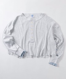 【71】【DISCUS/ディスカス】レディース ワッフル ヘンリーネック ロンT/袖フェイクレイヤード Tシャツ/裾ラウンド/前後差シルエット/綿100%