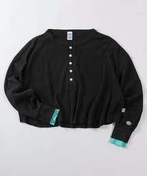 【71】【DISCUS/ディスカス】レディース ワッフル ヘンリーネック ロンT/袖フェイクレイヤード Tシャツ/裾ラウンド/前後差シルエット/綿100%