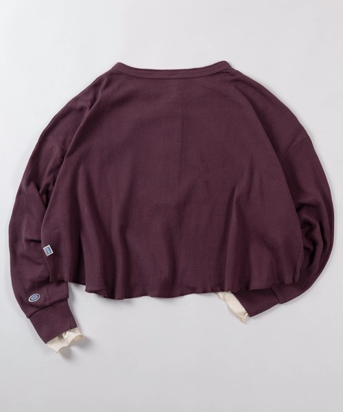 DISCUS(ディスカス)の「【71】【DISCUS/ディスカス】レディース ワッフル ヘンリーネック ロンT/袖フェイクレイヤード Tシャツ/裾ラウンド/前後差シルエット/綿100%(Tシャツ/カットソー・レディース・ブラック/オートミール/プラム・M)」の14枚目の写真