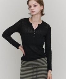 Sheer Random Rib Henley Top / シアーランダムリブヘンリートップ