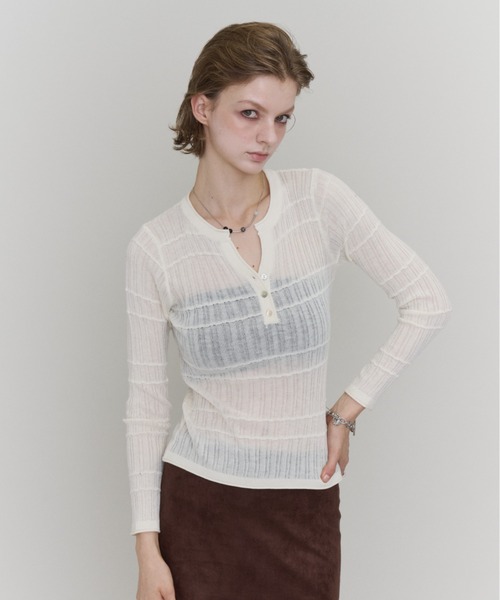 Rohwel（ローウェル）の「Sheer Random Rib Henley Top / シアーランダムリブヘンリートップ（カーディガン/ボレロ・レディース・グレー/ホワイト/ブラック・FREE）」の10枚目の写真