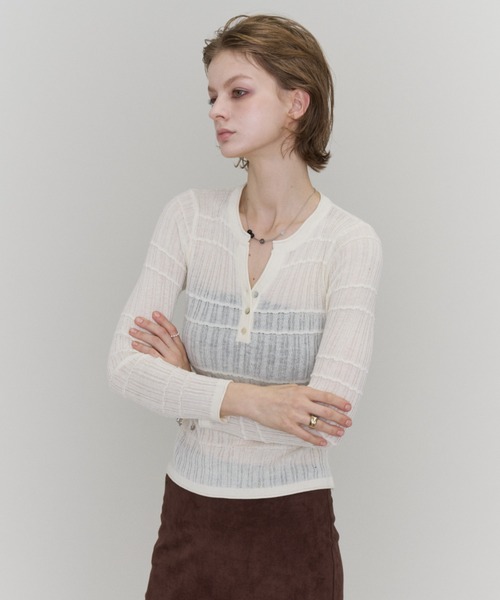 Rohwel（ローウェル）の「Sheer Random Rib Henley Top / シアーランダムリブヘンリートップ（カーディガン/ボレロ・レディース・グレー/ホワイト/ブラック・FREE）」の11枚目の写真