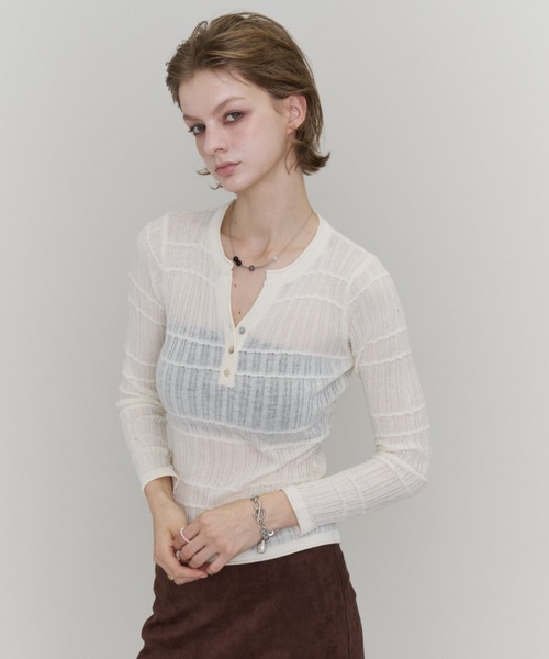 Rohwel（ローウェル）の「Sheer Random Rib Henley Top / シアーランダムリブヘンリートップ（カーディガン/ボレロ・レディース・グレー/ホワイト/ブラック・FREE）」の12枚目の写真