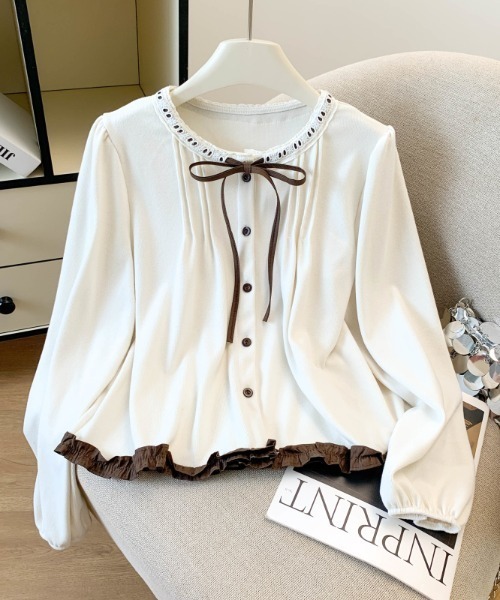 AMAJI（アマジ）の「リボン ロングスリーブ ブラウス（シャツ/ブラウス・レディース・ブラック/ホワイト/ベージュ・SMALL/MEDIUM/LARGE/X-LARGE）」の2枚目の写真