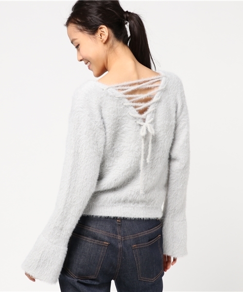 rps（アールピーエス）の「レースアップフェザーＶネックプルオーバー/バックシャンニット（ニット/セーター・レディース・サックスブルー/ライトグレー/ピンク/オフホワイト・M）」の12枚目の写真