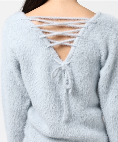 rps（アールピーエス）の「レースアップフェザーＶネックプルオーバー/バックシャンニット（ニット/セーター・レディース・サックスブルー/ライトグレー/ピンク/オフホワイト・M）」の9枚目の写真