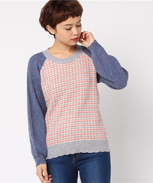 POU DOU DOU（プードゥドゥ）の「格子柄配色ニットプルオーバー（ニット/セーター・レディース・ネイビー/グレー/レンガ・3）」の10枚目の写真