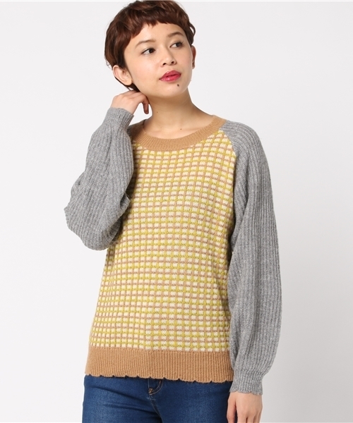 POU DOU DOU（プードゥドゥ）の「格子柄配色ニットプルオーバー（ニット/セーター・レディース・ネイビー/グレー/レンガ・3）」の2枚目の写真