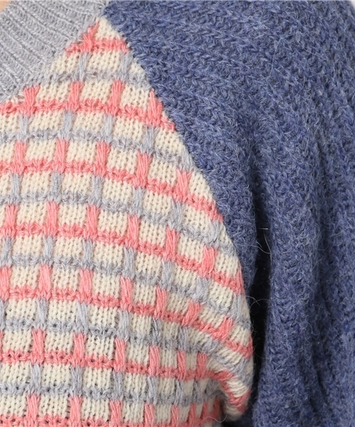 POU DOU DOU（プードゥドゥ）の「格子柄配色ニットプルオーバー（ニット/セーター・レディース・ネイビー/グレー/レンガ・3）」の5枚目の写真