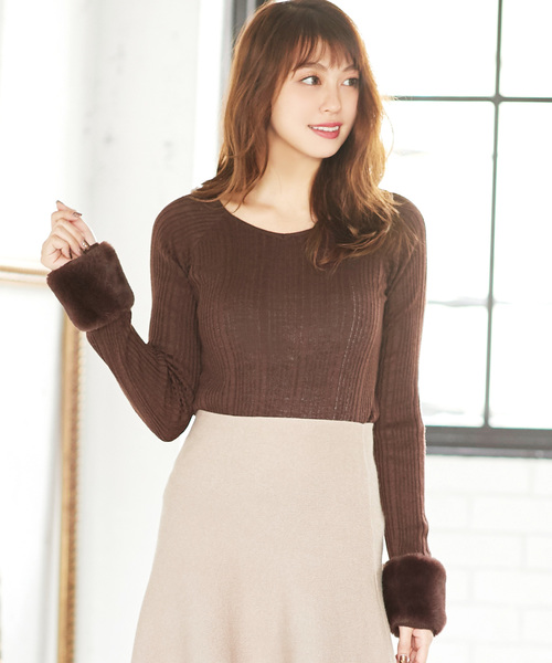 お袖にトレンドライクなアクセントをプラス 取り外し可能 袖ファーリブニットトップス レディースセーター C2944 神戸レタス