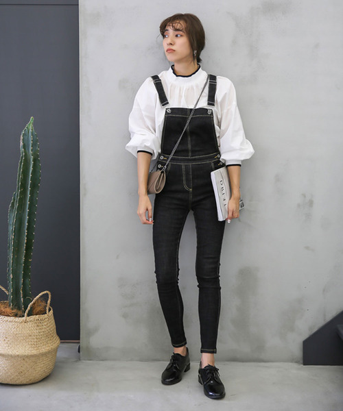 ストレッチ加工インディゴデニムスキニーサロペット オーバーオール