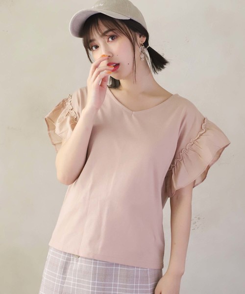 one after another NICE CLAUP(ワンアフターアナザーナイスクラップ)の「袖フリル切替えTシャツ(Tシャツ/カットソー・レディース・ベージュ/オフホワイト/サックスブルー/ラベンダー/スミクロ・FREE)」の20枚目の写真