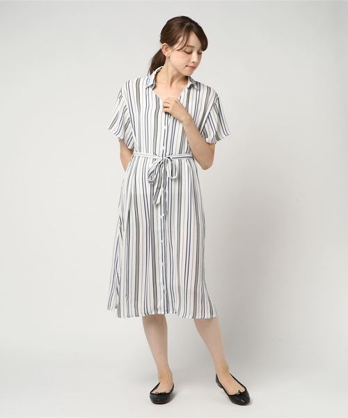 VENCEEXCHANGE（ヴァンスエクスチェンジ）の「ストライプシャツワンピース（シャツワンピース・レディース・オフホワイト/スカイブルー・M）」の6枚目の写真