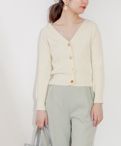 natural couture（ナチュラルクチュール）の「プチプラ金ボタンリブカーディガン（カーディガン/ボレロ・レディース・アイボリー/ベージュ/ライム/ネイビー/ラベンダー・FREE）」の2枚目の写真