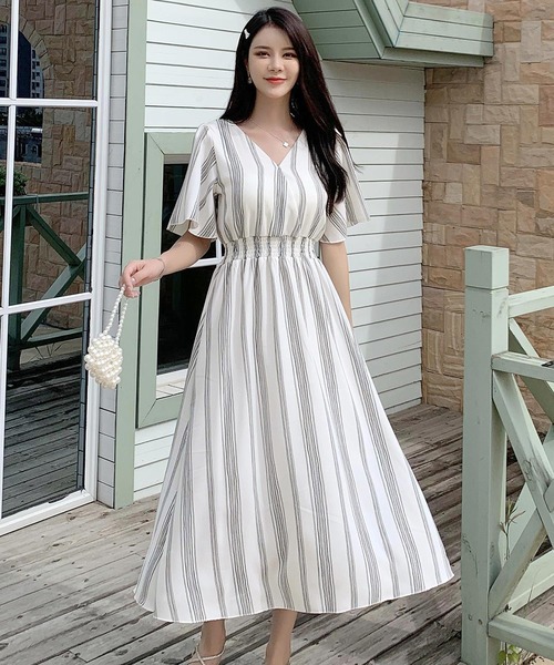 レディースVネック花柄ウエスト絞りふんわりロングワンピース