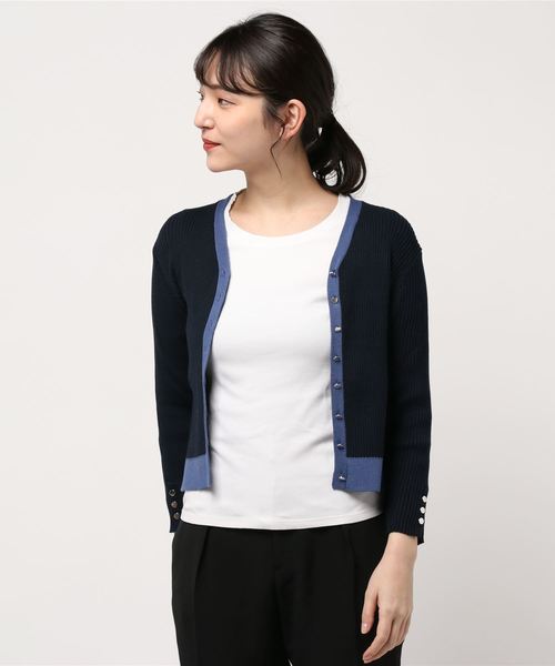 12Twelve Agenda(トゥエルブ アジェンダ)の「Vネック配色9分袖ニットカーディガン(カーディガン/ボレロ・レディース・ベージュ/ラベンダー/ネイビー・M)」の3枚目の写真