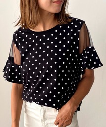 綿100%天竺.半袖シースルーフレアスリーブTシャツ