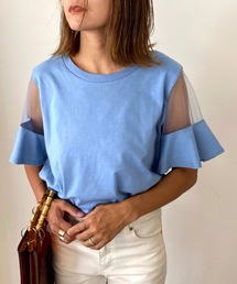 綿100％天竺．半袖シースルーフレアスリーブTシャツ