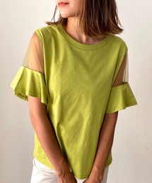 綿100％天竺．半袖シースルーフレアスリーブTシャツ