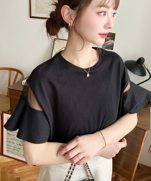 moment+(モーメントプラス)の「綿100%天竺.半袖シースルーフレアスリーブTシャツ(Tシャツ/カットソー・レディース・ブラック/パープル/オフホワイト/ブルー/ライトグリーン/ブラック系その他・M/L)」の10枚目の写真
