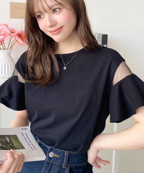 moment+(モーメントプラス)の「綿100%天竺.半袖シースルーフレアスリーブTシャツ(Tシャツ/カットソー・レディース・ブラック/パープル/オフホワイト/ブルー/ライトグリーン/ブラック系その他・M/L)」の15枚目の写真