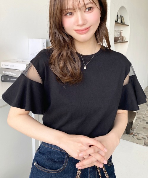 moment+(モーメントプラス)の「綿100%天竺.半袖シースルーフレアスリーブTシャツ(Tシャツ/カットソー・レディース・ブラック/パープル/オフホワイト/ブルー/ライトグリーン/ブラック系その他・M/L)」の12枚目の写真