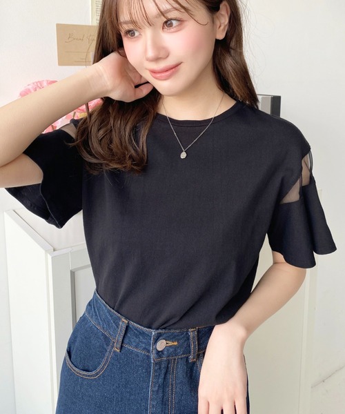moment+(モーメントプラス)の「綿100%天竺.半袖シースルーフレアスリーブTシャツ(Tシャツ/カットソー・レディース・ブラック/パープル/オフホワイト/ブルー/ライトグリーン/ブラック系その他・M/L)」の13枚目の写真