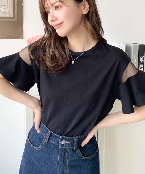 moment+(モーメントプラス)の「綿100%天竺.半袖シースルーフレアスリーブTシャツ(Tシャツ/カットソー・レディース・ブラック/パープル/オフホワイト/ブルー/ライトグリーン/ブラック系その他・M/L)」の14枚目の写真
