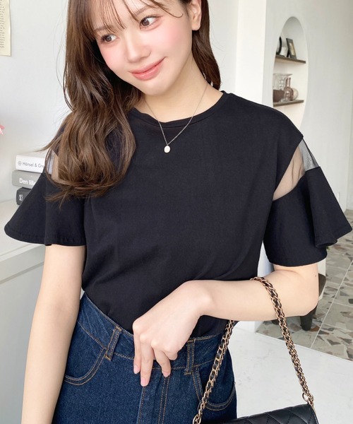moment+(モーメントプラス)の「綿100%天竺.半袖シースルーフレアスリーブTシャツ(Tシャツ/カットソー・レディース・ブラック/パープル/オフホワイト/ブルー/ライトグリーン/ブラック系その他・M/L)」の11枚目の写真