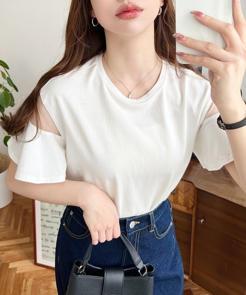 moment+(モーメントプラス)の「綿100%天竺.半袖シースルーフレアスリーブTシャツ(Tシャツ/カットソー・レディース・ブラック/パープル/オフホワイト/ブルー/ライトグリーン/ブラック系その他・M/L)」の18枚目の写真