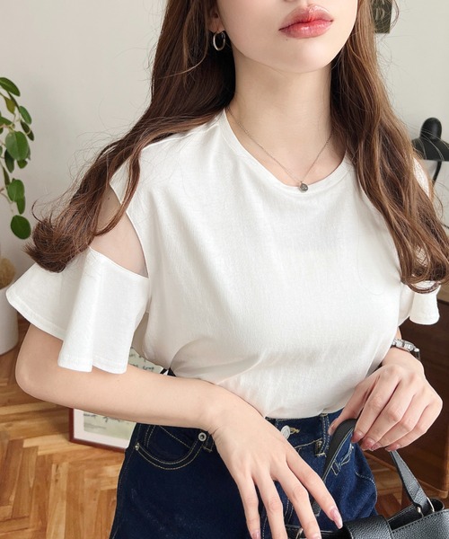 moment+(モーメントプラス)の「綿100%天竺.半袖シースルーフレアスリーブTシャツ(Tシャツ/カットソー・レディース・ブラック/パープル/オフホワイト/ブルー/ライトグリーン/ブラック系その他・M/L)」の20枚目の写真
