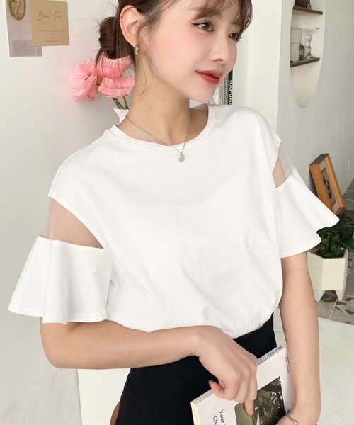 moment+(モーメントプラス)の「綿100%天竺.半袖シースルーフレアスリーブTシャツ(Tシャツ/カットソー・レディース・ブラック/パープル/オフホワイト/ブルー/ライトグリーン/ブラック系その他・M/L)」の21枚目の写真