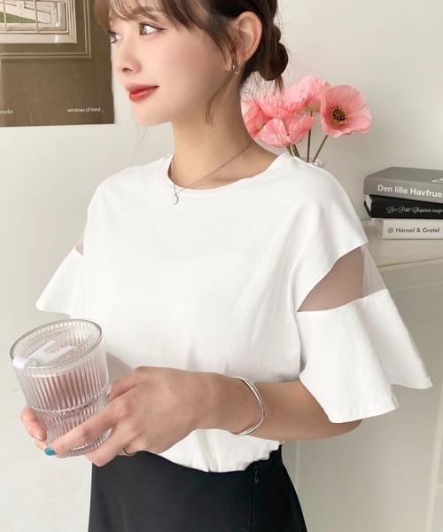 moment+(モーメントプラス)の「綿100%天竺.半袖シースルーフレアスリーブTシャツ(Tシャツ/カットソー・レディース・ブラック/パープル/オフホワイト/ブルー/ライトグリーン/ブラック系その他・M/L)」の22枚目の写真