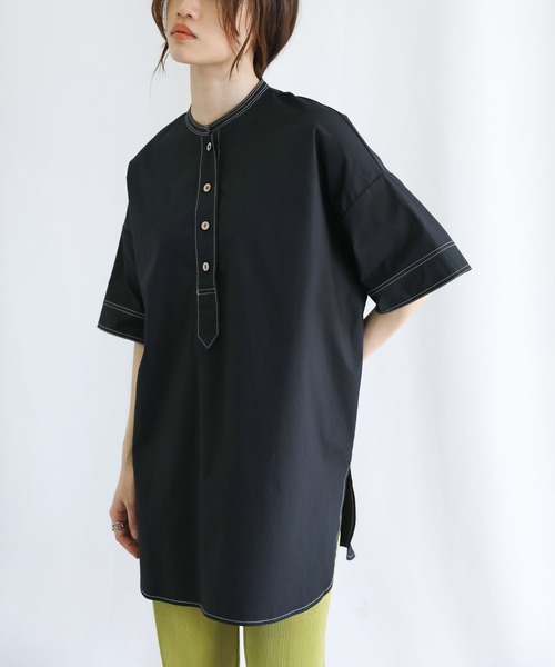 select MOCA(セレクトモカ)の「ステッチスタンドカラースリーピングシャツ(シャツ/ブラウス・レディース・ブラック/オフホワイト/ライトカーキ/グレイッシュブルー・FREE)」の12枚目の写真