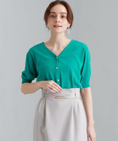 green label relaxing（グリーンレーベルリラクシング）の「[ 手洗い可能 ] CS IC Vネック ショートスリーブ カーディガン（カーディガン/ボレロ・レディース・ピンク/ホワイト/ブラック/ナチュラル/ケリー・FREE）」の4枚目の写真