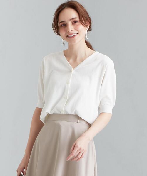 green label relaxing（グリーンレーベルリラクシング）の「[ 手洗い可能 ] CS IC Vネック ショートスリーブ カーディガン（カーディガン/ボレロ・レディース・ピンク/ホワイト/ブラック/ナチュラル/ケリー・FREE）」の2枚目の写真