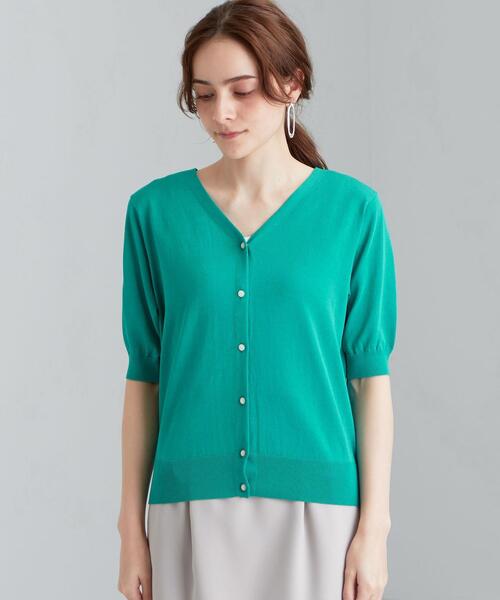 green label relaxing（グリーンレーベルリラクシング）の「[ 手洗い可能 ] CS IC Vネック ショートスリーブ カーディガン（カーディガン/ボレロ・レディース・ピンク/ホワイト/ブラック/ナチュラル/ケリー・FREE）」の6枚目の写真