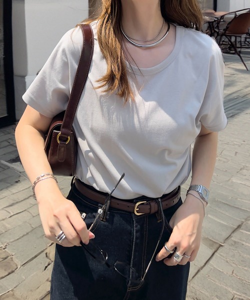 KOBE LETTUCE（コウベレタス）の「コットン100％シンプル半袖Tシャツ（Tシャツ/カットソー・レディース・ホワイト系その他/ミント/ブラック/ピンク系その他/オフホワイト/ブラウン系その他/パープル系/オレンジ系/ネイビー/ホワイト×ブラック/ブルー/ピンク/ライトグレー/グリーン/レッド/ブラウン・S/M/L）」の5枚目の写真