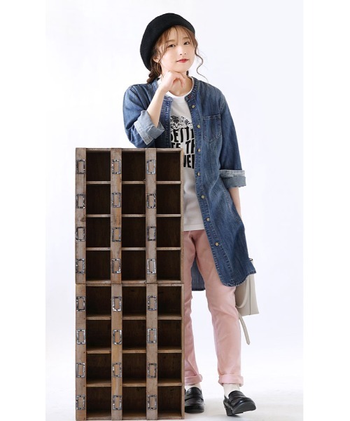 e-zakkamania stores（イーザッカマニアストアーズ）の「エアレットデニム スタンドカラーロングシャツ（シャツ/ブラウス・レディース・ネイビー/ブルー・フリー）」の3枚目の写真