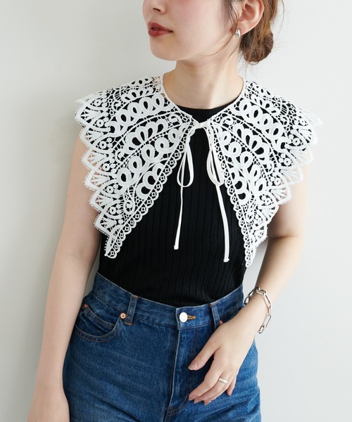 natural couture(ナチュラルクチュール)の「【WEB限定】レース付け衿シンプルリブニット(ニット/セーター・レディース・ブラック/アイボリー/ラベンダー・FREE)」の2枚目の写真