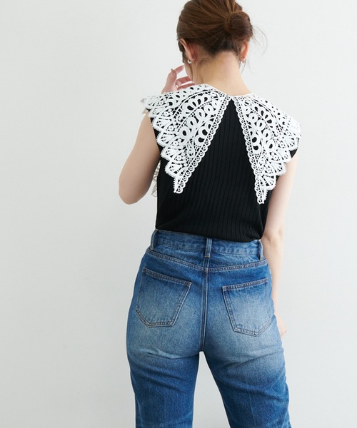 natural couture(ナチュラルクチュール)の「【WEB限定】レース付け衿シンプルリブニット(ニット/セーター・レディース・ブラック/アイボリー/ラベンダー・FREE)」の10枚目の写真