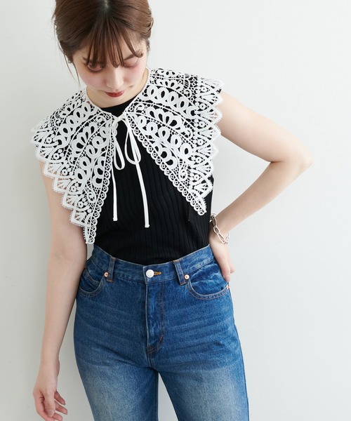 natural couture(ナチュラルクチュール)の「【WEB限定】レース付け衿シンプルリブニット(ニット/セーター・レディース・ブラック/アイボリー/ラベンダー・FREE)」の8枚目の写真