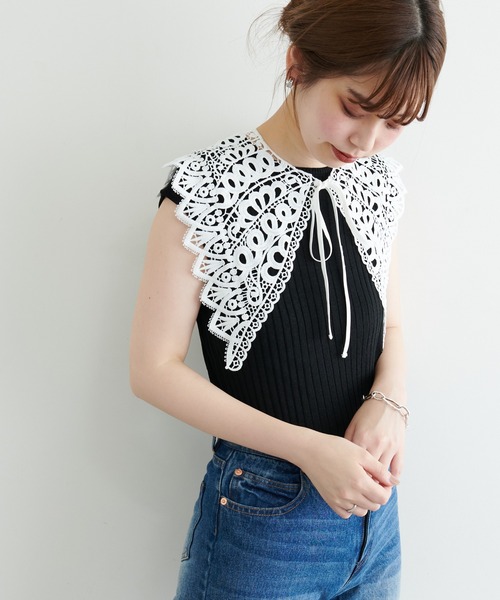 natural couture(ナチュラルクチュール)の「【WEB限定】レース付け衿シンプルリブニット(ニット/セーター・レディース・ブラック/アイボリー/ラベンダー・FREE)」の9枚目の写真