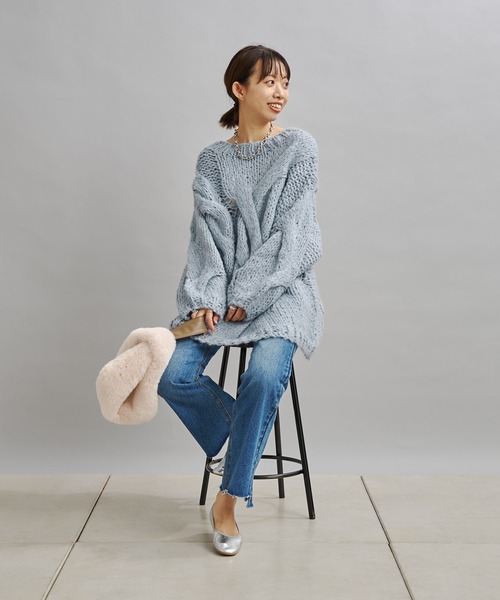 DouDou（ドゥドゥ）の「ハンドメイドケーブルプルオーバー（ニット/セーター・レディース・チャコールグレー/ブルー・FREE）」の19枚目の写真