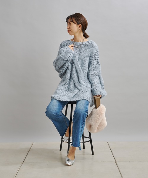 DouDou（ドゥドゥ）の「ハンドメイドケーブルプルオーバー（ニット/セーター・レディース・チャコールグレー/ブルー・FREE）」の10枚目の写真