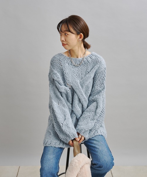 DouDou（ドゥドゥ）の「ハンドメイドケーブルプルオーバー（ニット/セーター・レディース・チャコールグレー/ブルー・FREE）」の6枚目の写真