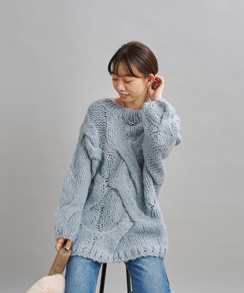 DouDou（ドゥドゥ）の「ハンドメイドケーブルプルオーバー（ニット/セーター・レディース・チャコールグレー/ブルー・FREE）」の20枚目の写真