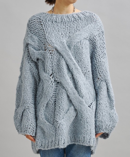 DouDou（ドゥドゥ）の「ハンドメイドケーブルプルオーバー（ニット/セーター・レディース・チャコールグレー/ブルー・FREE）」の11枚目の写真