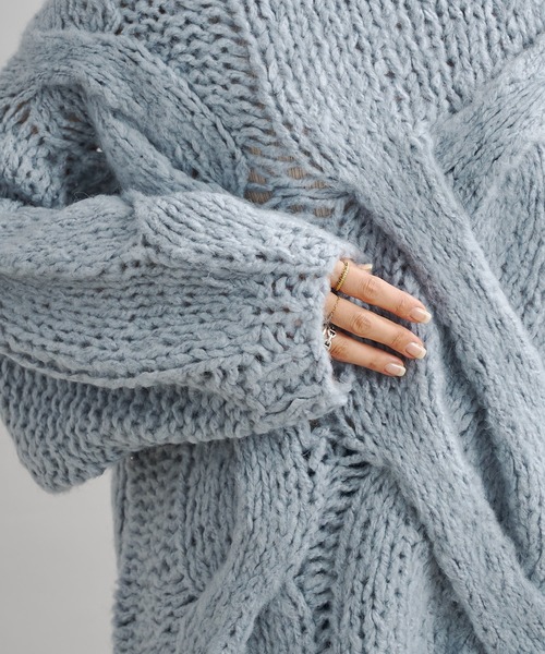 DouDou（ドゥドゥ）の「ハンドメイドケーブルプルオーバー（ニット/セーター・レディース・チャコールグレー/ブルー・FREE）」の16枚目の写真